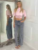 Padded Shoulder Cropped Tee With Lace Bra Underlayer - Baby Pink
