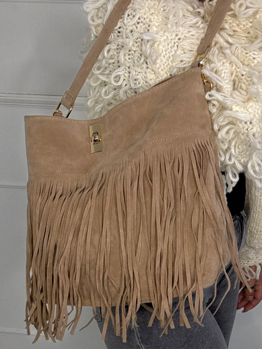 Large Suede Full Tassel Gold Lock Detail Shoulder Bag - Beige