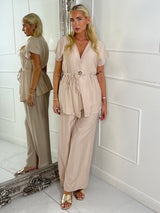 Linen Tie Waist V Neck Top & Wide Leg Pants Co-Ord - Beige