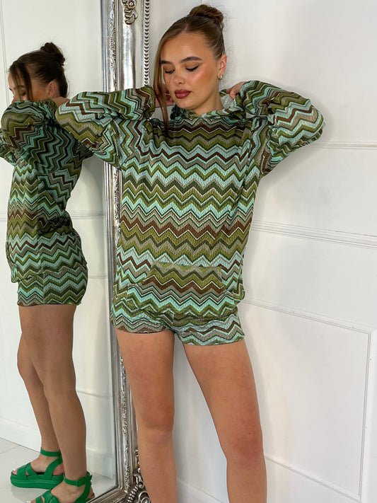 Crochet Print Hoodie & Low Waisted Shorts Co-ord - Green Crochet