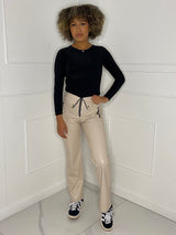 Zip Detail Leather Look Trousers - Cream