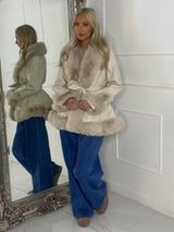 Faux Fur & Pu Contrast Waterfall Jacket - Beige