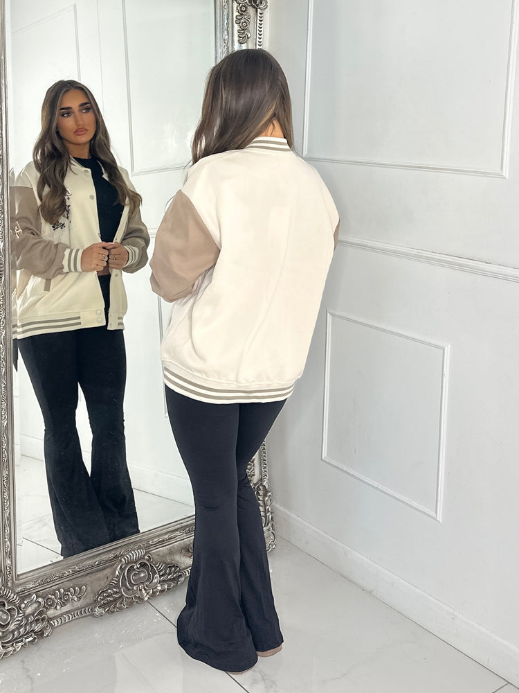 Embroidered Teddy Detail Varsity Jacket - Beige/Cream