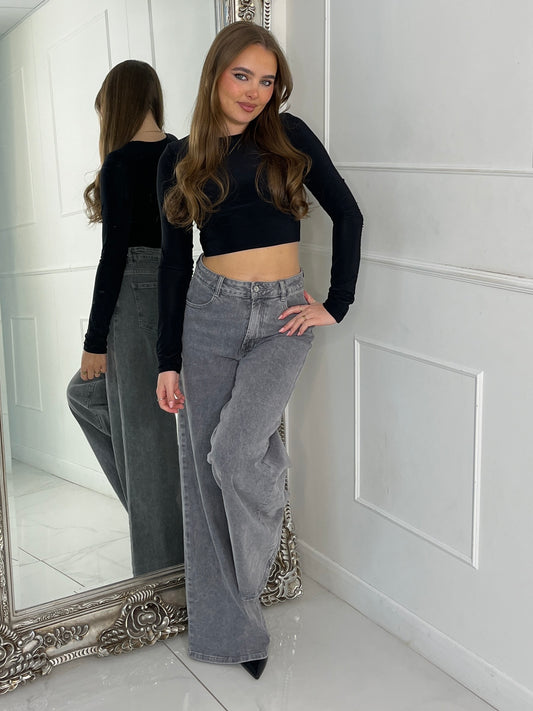 Padded Shoulder Long Sleeve Crop Top  - Black