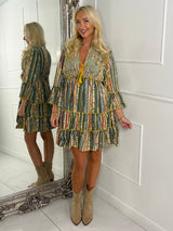 Embellished Tassle Detail Long Sleeve Boho Dress - Green Multi
