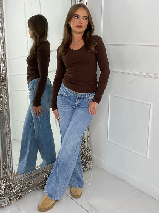 V Neck Long Sleeve Soft Touch Top - Brown