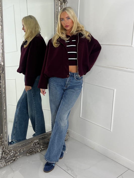 Collared Oversized Bomber Jacket - Wine