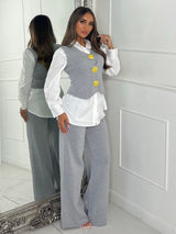 3 Piece Knitted Waistcoat & Shirt Set - Light Grey