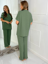 Gold Button Detail Oversized Top & Wide Leg Pants Co-Ord - Khaki