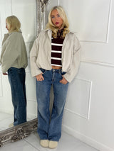 Collared Oversized Bomber Jacket - Cream