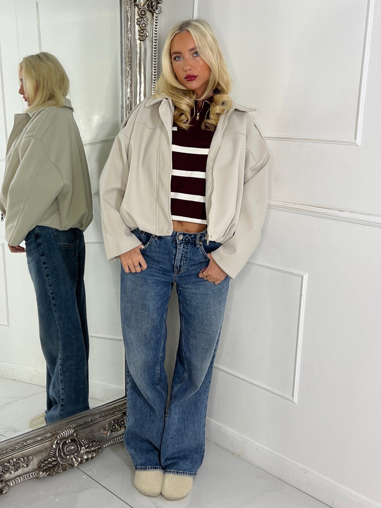 Collared Oversized Bomber Jacket - Cream