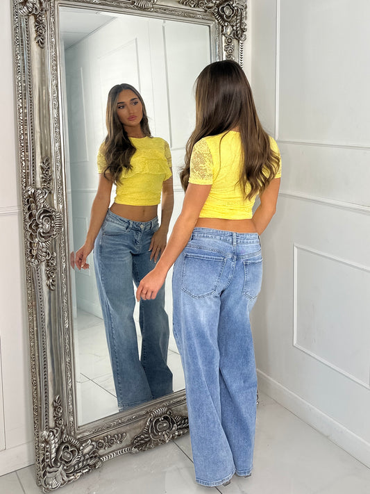 Lace Round Neck Frill Top - Yellow