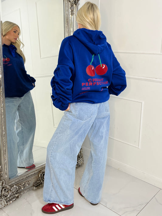 Cherry Perfection Print Ruche Sleeve Hoodie - Royal Blue