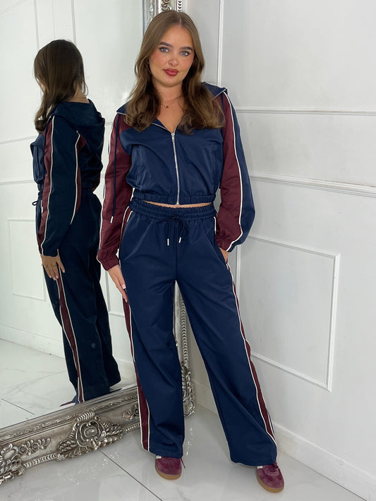 Hooded Colour block Jacket & Straight Leg Pants Set - Wine/Navy