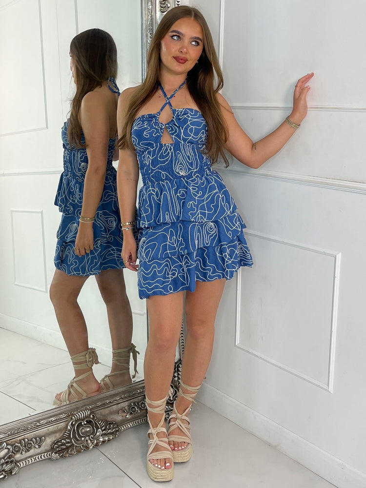 Swirl Textured Ruffle Bandeau Dress - Denim Blue