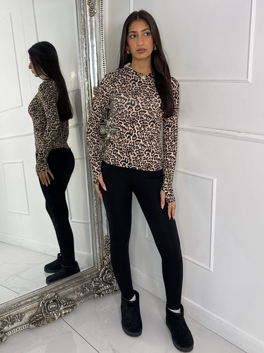 Long Sleeve Second Skin Hooded Top - Leopard Print