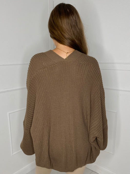 Balloon Sleeve Knitted Cardigan - Brown