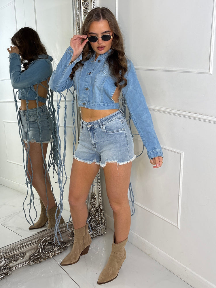 Open Back Knot Tassel Detail Denim Jacket - Light Wash