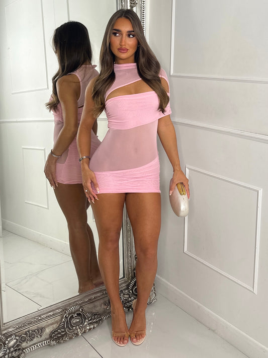 Mesh Contrast Mini Dress With Cut Out Detail - Baby Pink