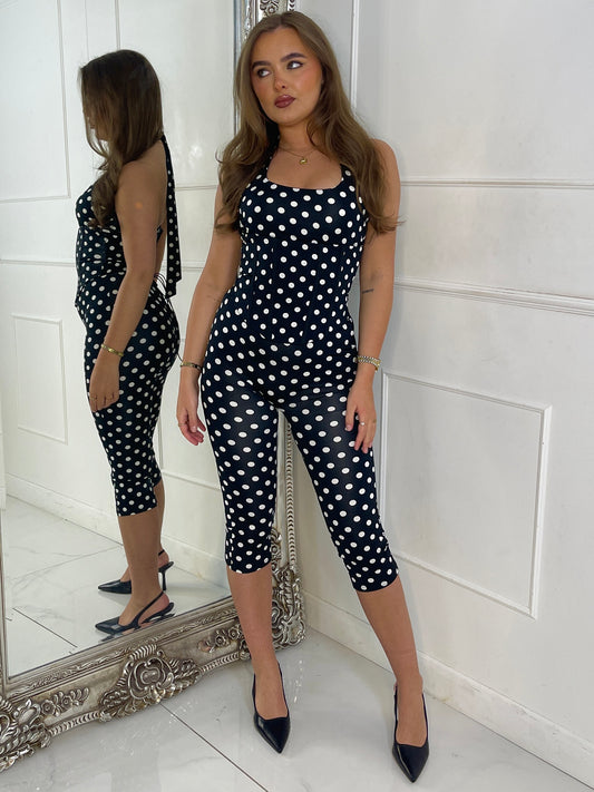3 Piece Halter Neck Top , Corset & Capri Leggings - Black Polka Dot