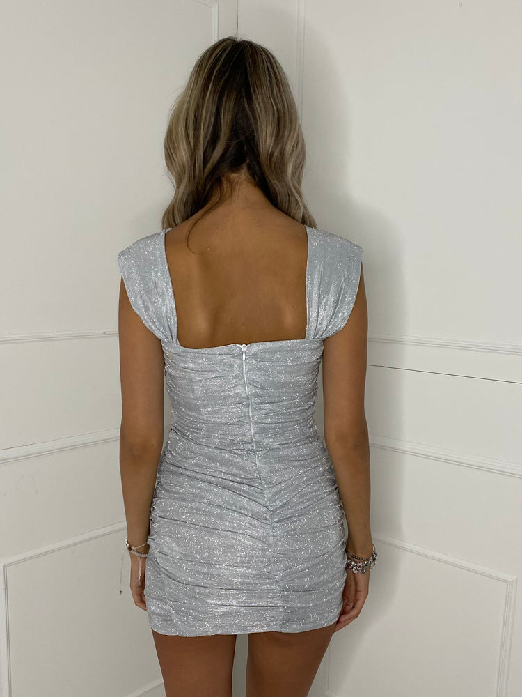 Glitter Drape Detail Ruche Dress - Silver