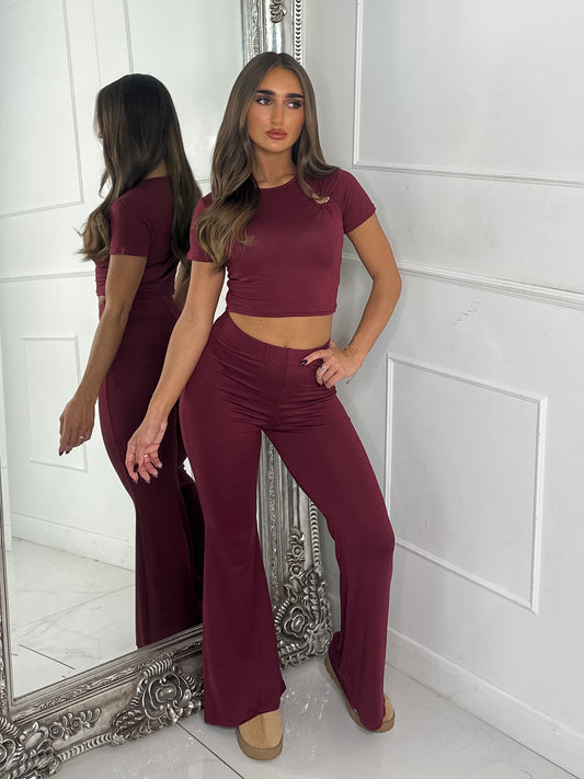 Heart Detail Crop Top & Wide Leg Pants Set - Wine