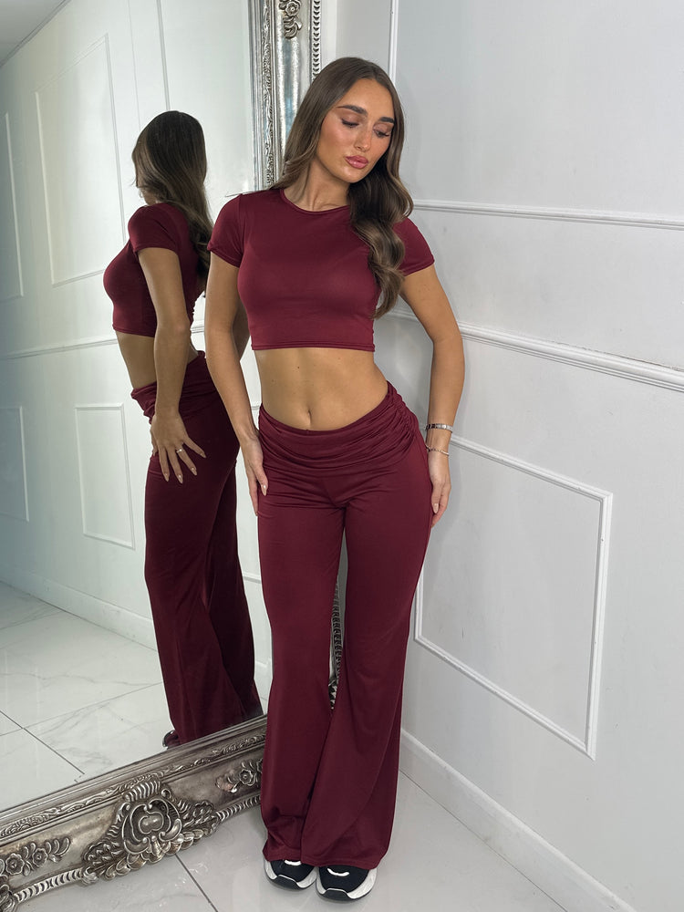 Crop Tee & Fold Over Flares Loungesuit - Wine