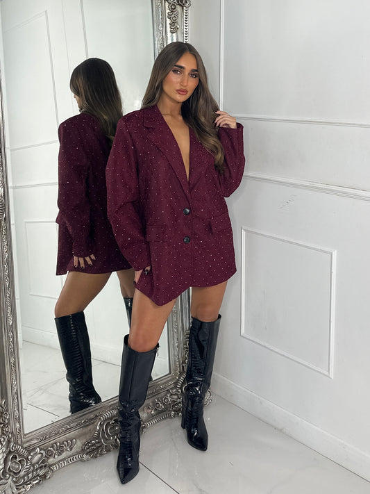 Lace Diamante Detail Oversized Blazer Dress - Wine