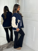 Embroidered Teddy Detail Varsity Jacket - Navy/Cream