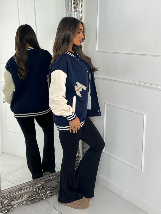 Embroidered Teddy Detail Varsity Jacket - Navy/Cream