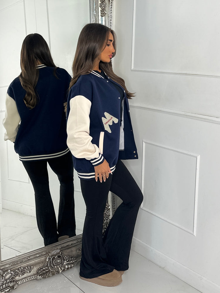 Embroidered Teddy Detail Varsity Jacket - Navy/Cream