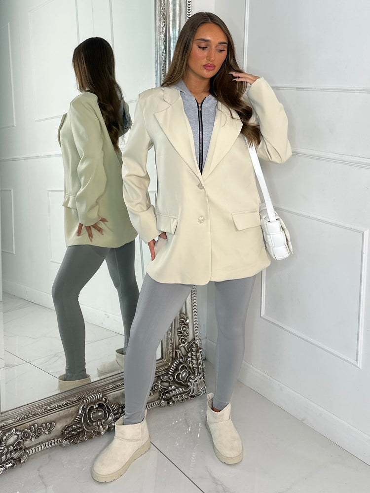 Oversized Blazer With Grey Attached Hood - Beige