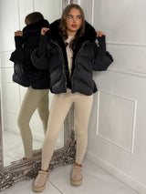 Hooded Puffer Coat With Faux Fur Trim - Black