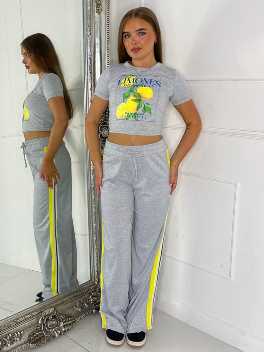 Lemon Tee & Side Stripe Trousers Co-Ord - Grey