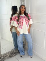 Oversized Printed Bow Print T-Shirt - Pink/Cream