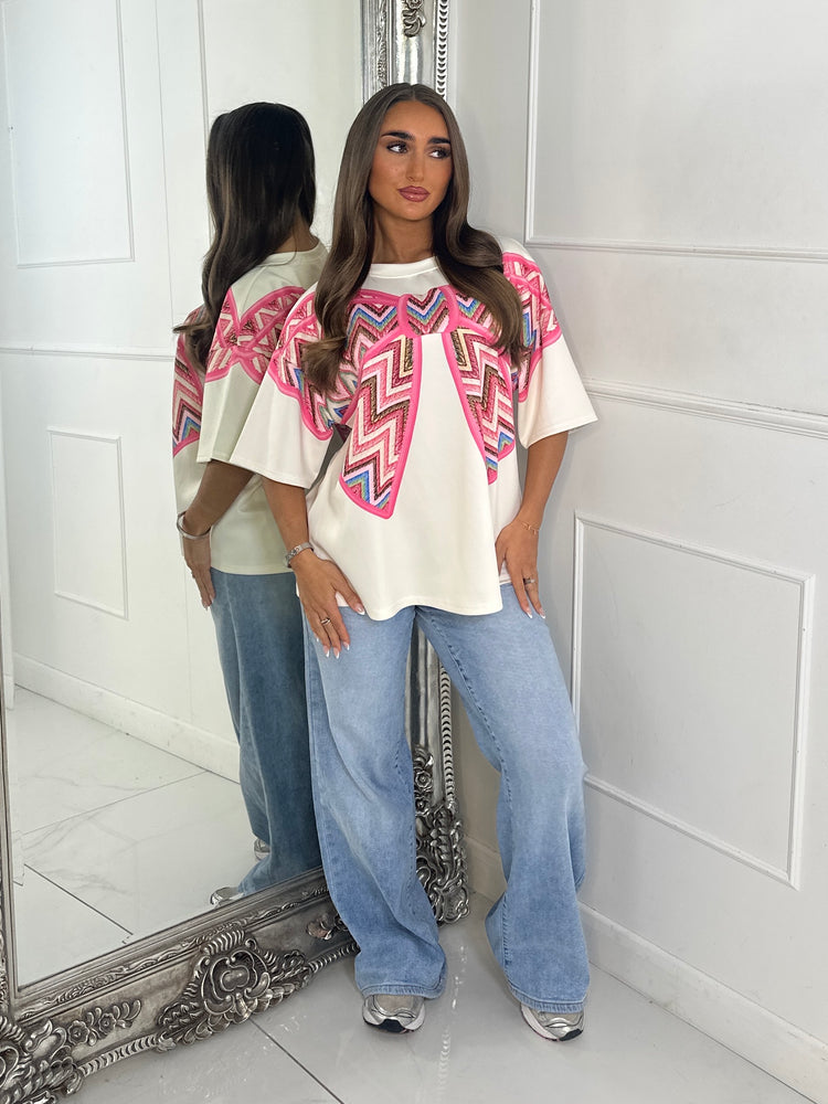 Oversized Printed Bow Print T-Shirt - Pink/Cream