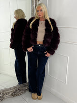 Tiered Faux Fur Round Neck Jacket - Wine