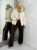 Padded Pocket Detail Faux Fur Hooded Jacket - Cream