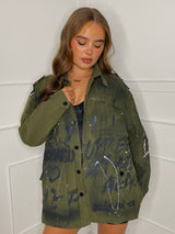 Oversized Graffiti Print Jacket - Khaki