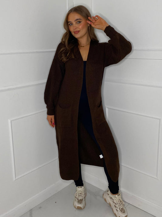Balloon Sleeve Long Knitted Cardigan - Brown