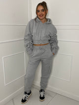Cropped Ruched Sleeve Hoodie & Jogger Tracksuit - Light Grey