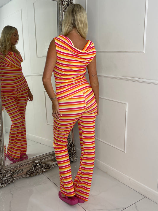 Cowl Neck Knitted Crochet Top & Flares - Multi Stripe 1