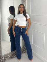 High Waist Pocket Front Jewelled Button Jeans - Dark Denim