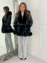 Faux Fur & Pu Contrast Waterfall Jacket - Black