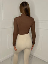 Cropped Ribbed Gym Jacket - Brown