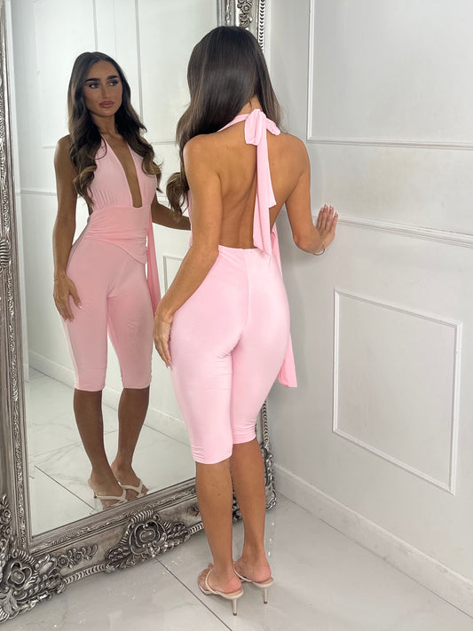 Backless Halter Neck Capri Jumpsuit-Pink