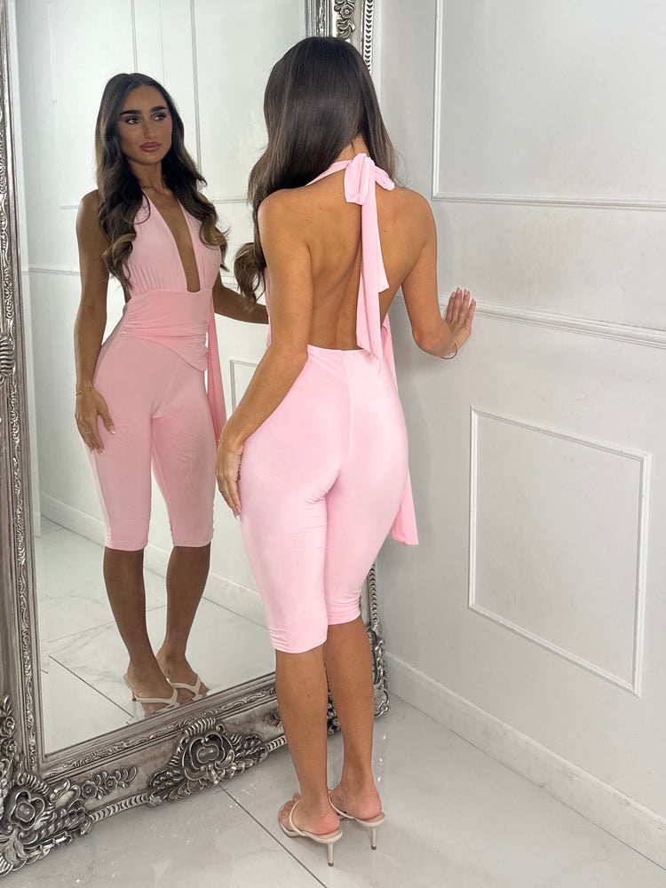 Backless Halter Neck Capri Jumpsuit-Pink