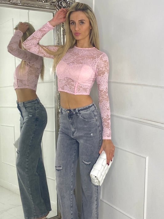 Lace Fitted Long Sleeve Top - Baby Pink