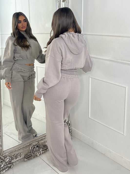 Hooded Zip Up & Double Waist Band Wide Leg Joggers Tracksuit - Dove Grey