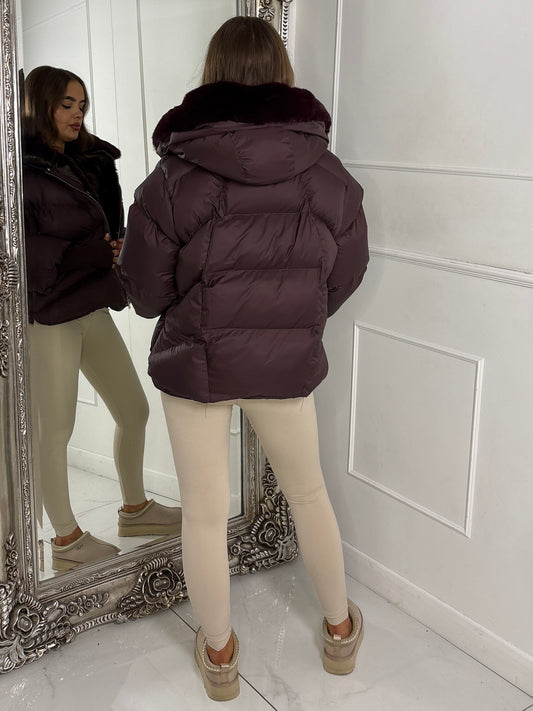 Hooded Puffer Coat With Faux Fur Trim - Brown